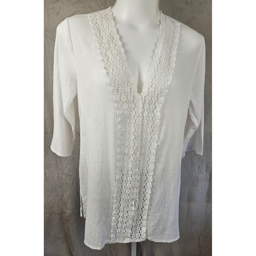 La Blanca Island Fare Cotton Swim Cover Up White Lace Trim V-Neck Women's L - XL